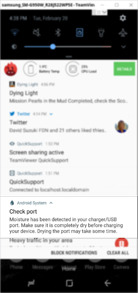the S8 will stop charging if it detects water in the USB port