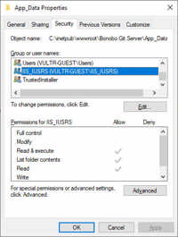 Permissions for the IIS User on the App_Data directory