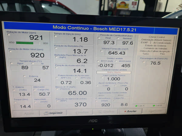 Tela do aparelho de Diagnóstico de Injeção Eletrônica